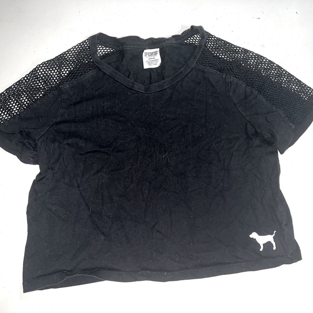 victoria secret PINK fishnet shoulder black crop top
